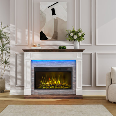 Foyer électrique autoportant de 47 po de large avec manteau de cheminée (insert multicolore de 30 po), contrôle de l'APP et protection réglable contre les flammes, la minuterie et la surchauffe, noir