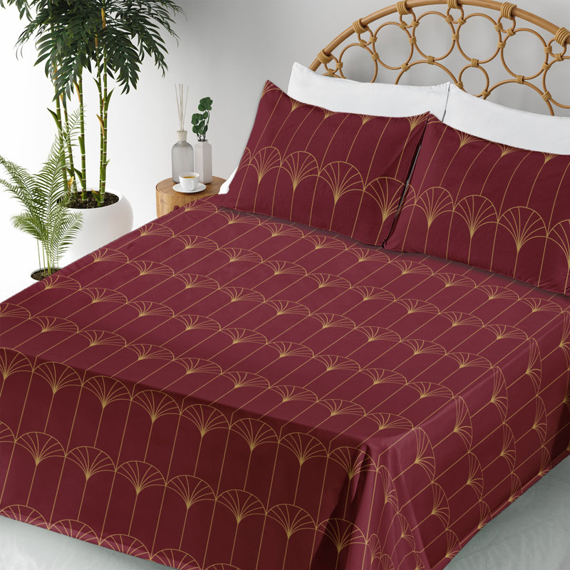 Microfiber Sheet Set, Full Sheet Set with 2 Pillowcases, Burgundy Geometric