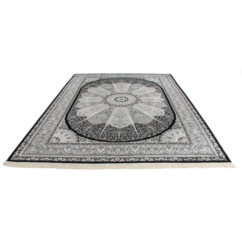 Tapis turc noir et ivoire Antep, Rectangle 6 pi 7 po x 9 pi 6 po