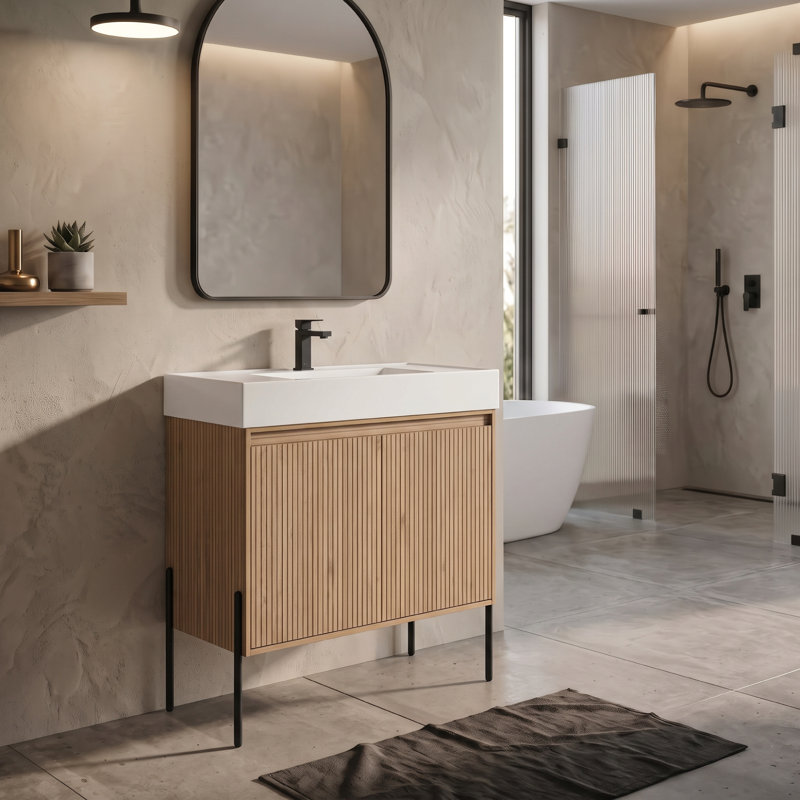 Meuble-lavabo Yordana de 36 po de largeur Ebern Designs, Blanc, Chêne