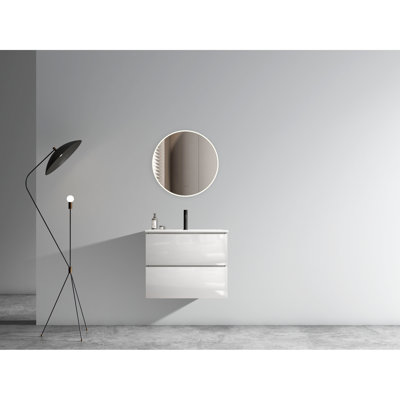 Meuble-lavabo moderne - 24 po blanc brillant avec lavabo en céramique et un trou de robinet, évier mural spacieux avec tiroirs de rangement, grand et silencieux