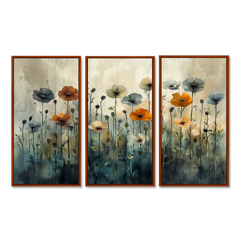 Hiver, minimalisme, coquelicots, champ III - coquelicots, art mural - 3 panneaux, H 40 po x l 60 po, Brun