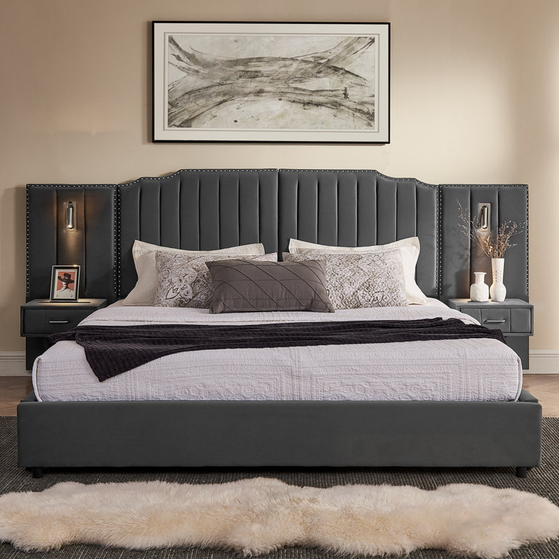 Cadre très grand rembourré Lillie avec tissu en velours et rayures verticales, Gris