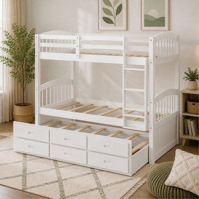 Twin over Twin Wood Bunk Bed with Trundle and Drawers,White