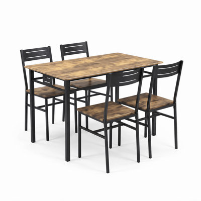 Ensemble de salle à manger moderne de 5 pièces pour 4 personnes - Table rectangulaire en bois veiné avec 4 chaises - Structure en métal gain de place - Couleur vintage
