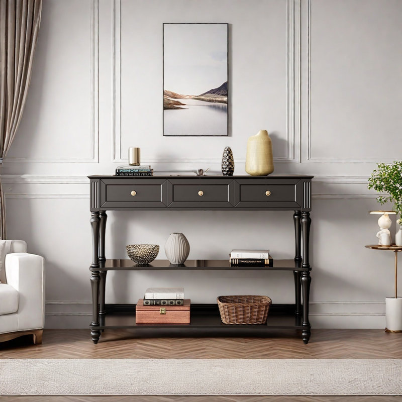 Console rétro avec tiroirs, H 35,43 po x l 51,18 po x P 15,75 po, Noir