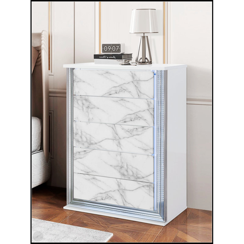 Commode en marbre blanc lune avec éclairage d'appoint à DEL, rangement spacieux pour une élégance et une fonctionnalité modernes