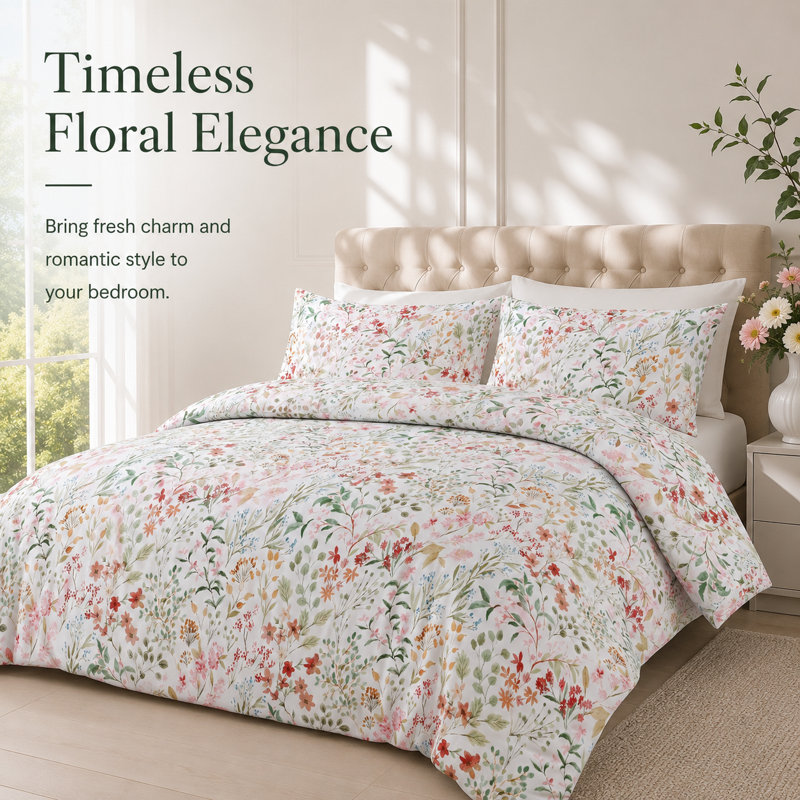 Wild Meadow Floral Duvet Cover Set Easy Care Bedding, Sing Duvet Cover + 1 Pillowcase , Cream Floral