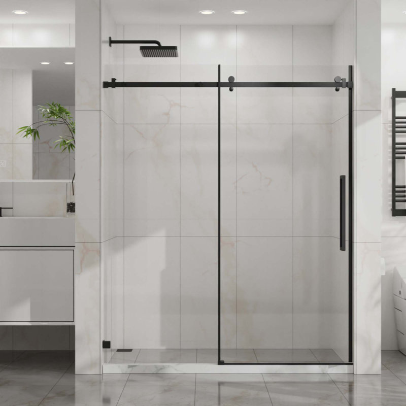 Porte de douche coulissante, porte de douche en verre lisse sans cadre, verre trempé transparent de 1/4 po (6 mm) d'épaisseur avec revêtement facile à nettoyer, quincaillerie en acier inoxydable