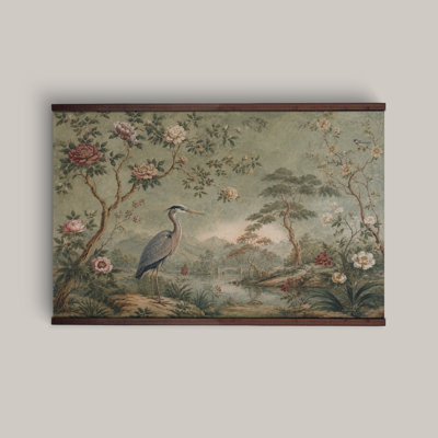 Heron and Peony Chinoiserie Landscape Wall Tapestry