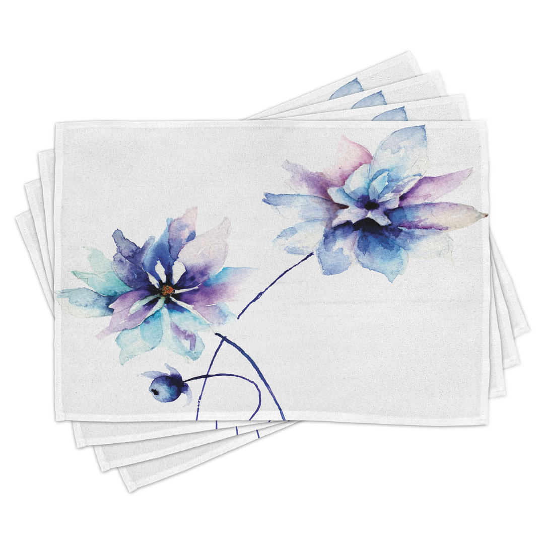 Platzdeckchen 4er Set, Retro Blumen Aquarell, Weiß Lila Blau