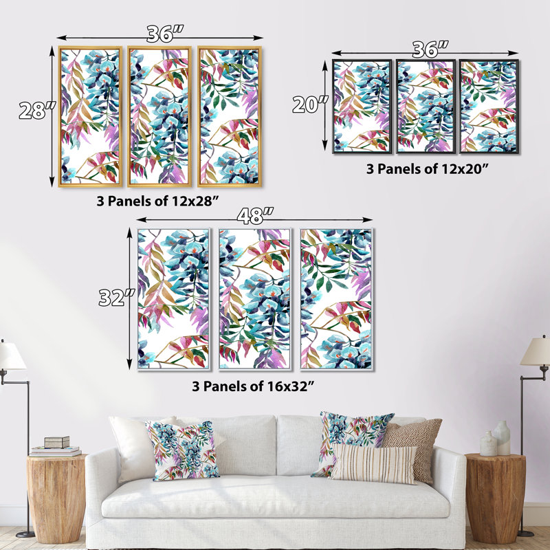 Fleurs de glycine avec feuilles mauves - ensemble de 3 toiles encadrées, Noir, H 28 po x l 36 po