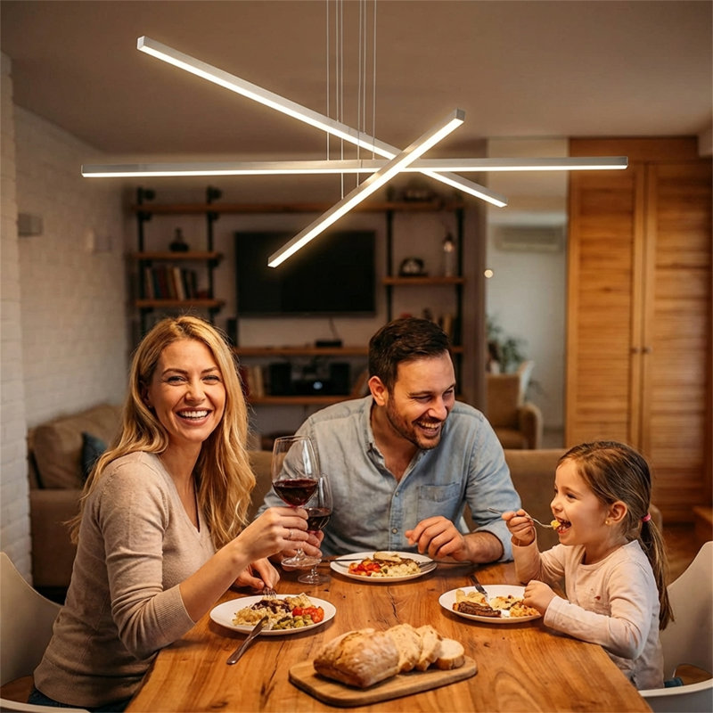 Luminaire suspendu à DEL de 48 pouces avec une conception géométrique à trois bras et une hauteur de suspension réglable, convient aux salles à manger, aux salons et aux bureaux