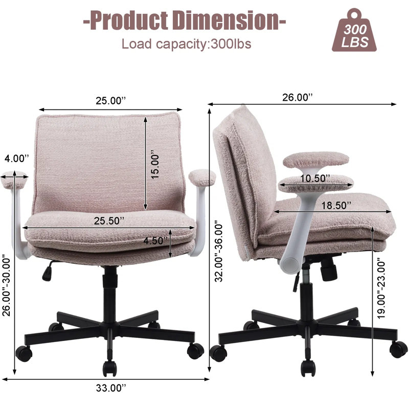 Upholstered Cross-legged Office Chair With Fold-down Arms, 25.5" Wide Seat, Rolling Casters & Criss Cross Base For Home Office Desk
