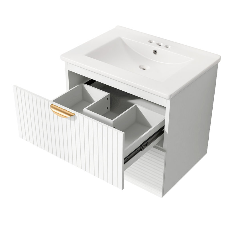 Meuble-lavabo mural 24 po avec 2 tiroirs, Blanc / Blanc