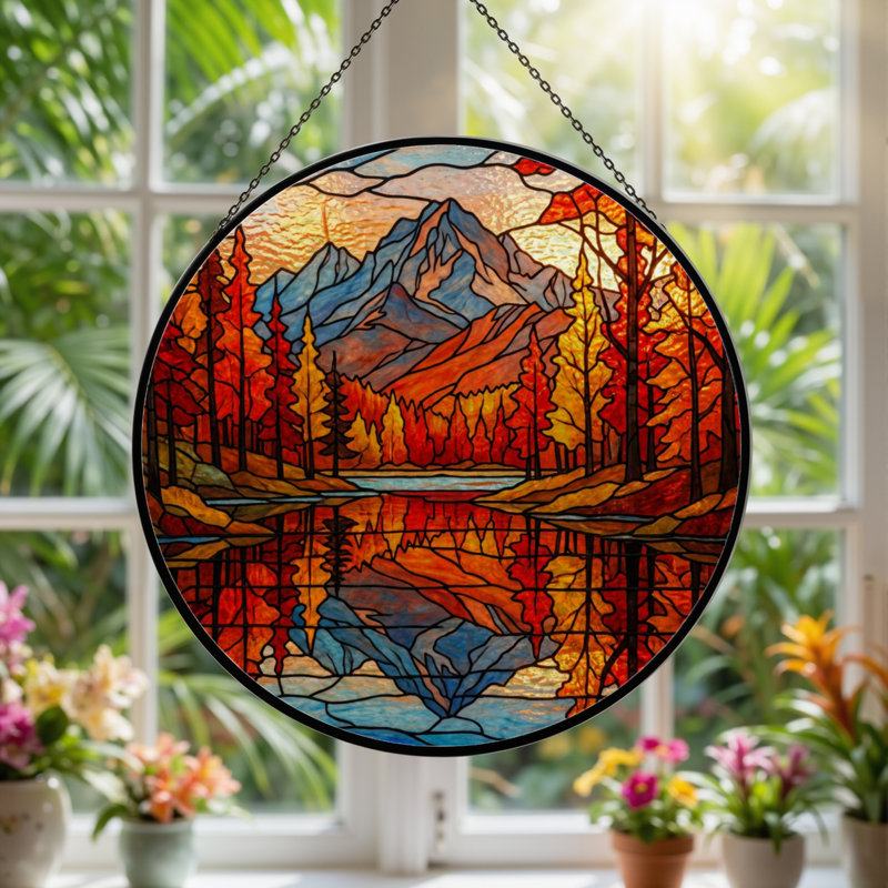 Panneau de vitrail 12 "H Mountain Reflection, H 12 po x l 12 po