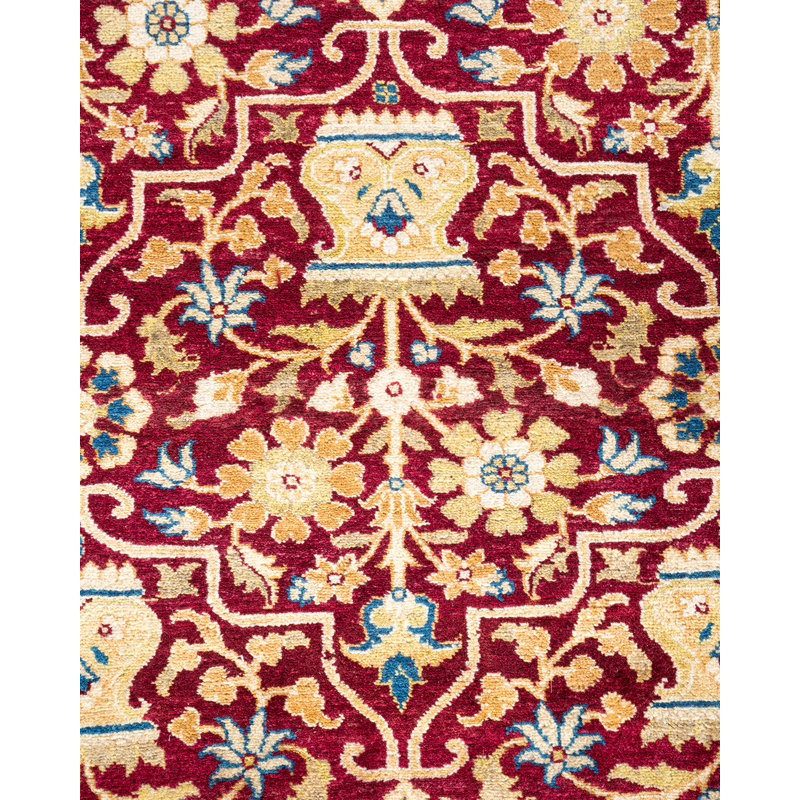 Tapis rouge en laine noué à la main de conception unique 8 pi 1 po x 9 pi 6 po Hayner