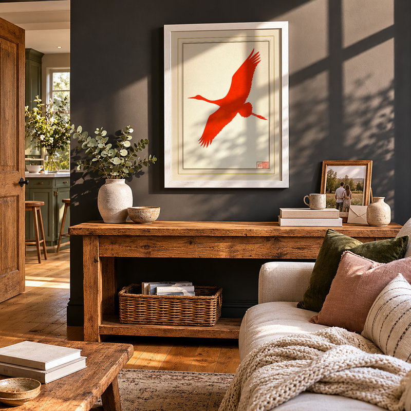 Flying Red Bird Japandi - Framed Print, A4 - 29.7 x 21.0 cm, White