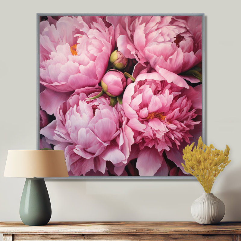 Pivoine rose verte captivante II - art floral sur toile, H 36 po x l 36 po x P 1,5 po, Encadrement argenté