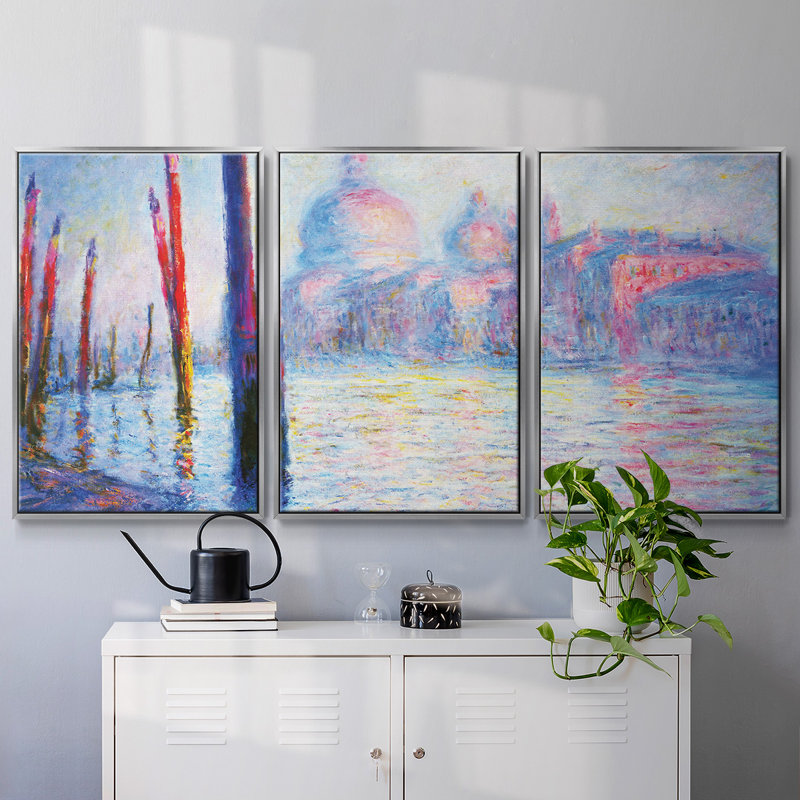 Canal Grand par Monet, reproduction sur toile 3 pièces, Encadrement argenté, H 36 po x l 75 po
