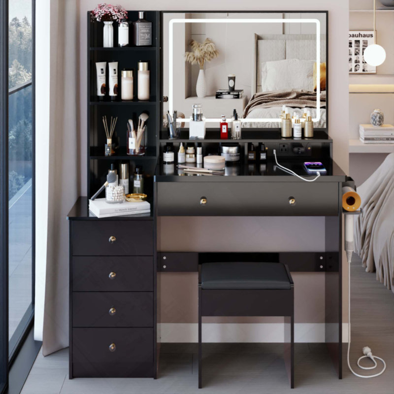 Ensemble de meuble-lavabo de grande taille avec commode de chevet gauche + ensemble de commode avec tabouret coussiné, 2 blocs d'alimentation AC + 2 USB, support pour séchoir à cheveux, très grand miroir à DEL tactile, interrupteur 3 couleurs, certificat EPA, GCC, UL