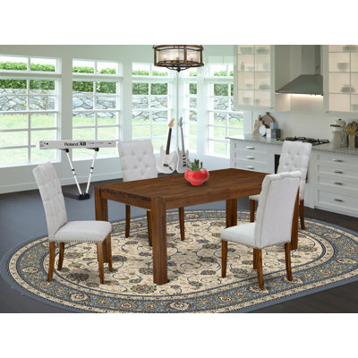 5 Piece Kitchen Table Set for 4 Includes a Rectangle Rustic Wood Dining Room Table and 4 Grey Linen Fabric Upholstered Chairs, Antique  Walnut