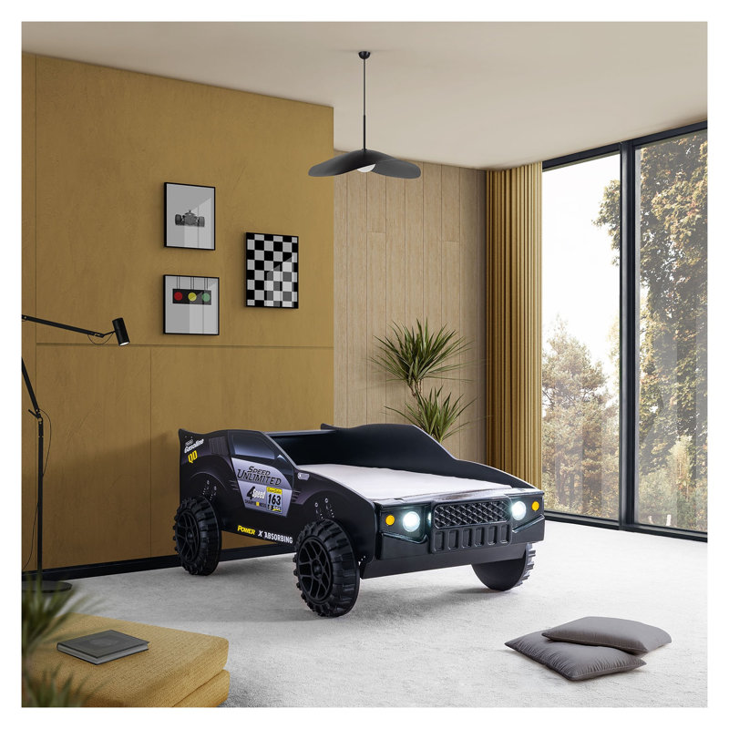 Structure de lit simple moderne et moderne avec motif Jeep noir et phares à DEL