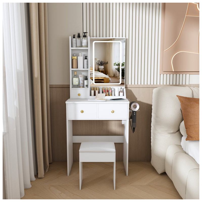 Modern Vanity Desk with LED Mirror, Makeup Table with Power Outlet & Hair Dryer Holder, White Dressing Table with Drawers and Storage Shelves for Bedroom