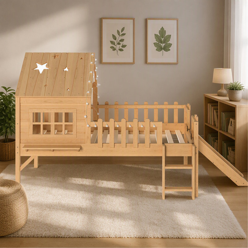 Lit mezzanine simple avec glissade, lit maisonnette avec motifs en forme d'étoile et fenêtre, design chic avec lumières DEL, pas de sommier tapissier nécessaire, naturel