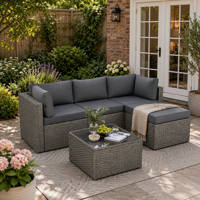 3-piece Outdoor Patio Conversation Set, Pe Rattan Wicker Seating Group With Ottoman & Coffee Table, Grey