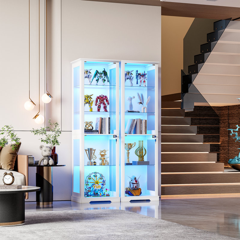Giass Display Cabinet, 5-tier Display Cabinet With Lock, Bookcasewith 3 Color Led Lights, White