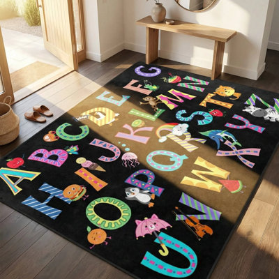 Abc Alphabet Rug 4x5 Ft, Colorful Cartoon Letters Kids Play Mat, Classroom Nursery Carpet With Non-slip Rubber Backing For Bedroom Playroom Decor – Black Border