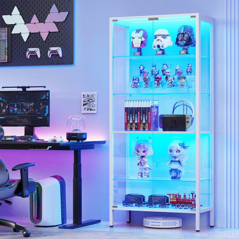 5-Layer Glass Display Cabinet with 3 LED Lights, White