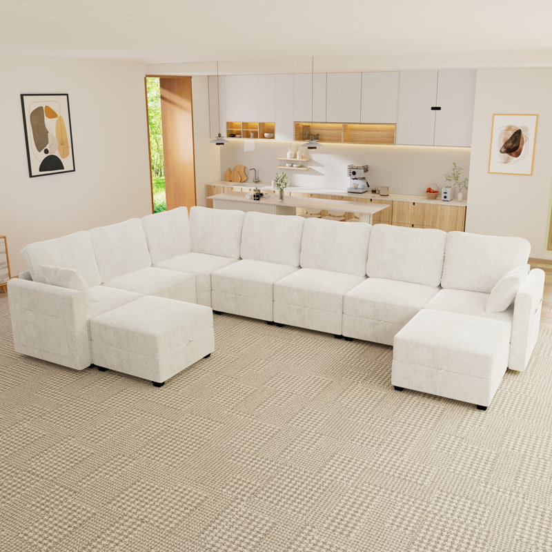 Canapé modulaire rembourré avec 2 repose-pieds et rangement caché Rocco, Tissu beige