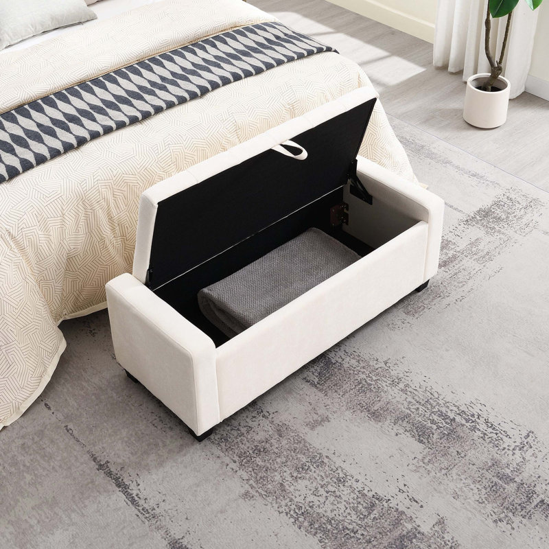 48" Light Grey Storage Ottoman Bench With Safety Hinge, High Load Bearing Upholstered Home Storage Rest Bench, Beige