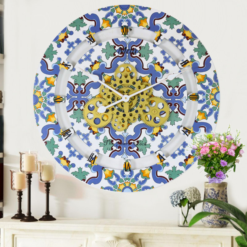 24'' Multicolor Wood and Metal Wall Clock with Moving Gears