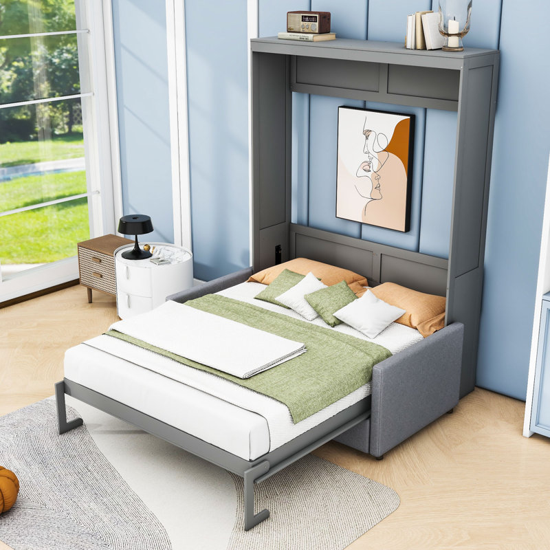 Shinpei Murphy Bed Wall Bed with Cushion, Gray, Full