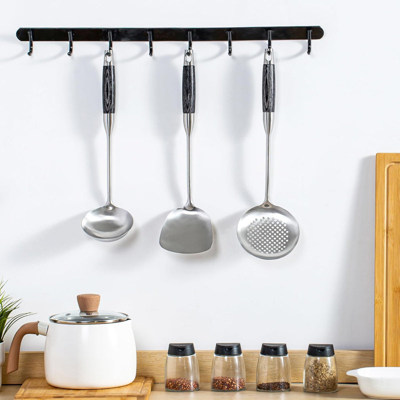 Ensemble d'ustensiles wok en acier inoxydable - 3 outils résistants à la chaleur avec poignées en bois pour la cuisson