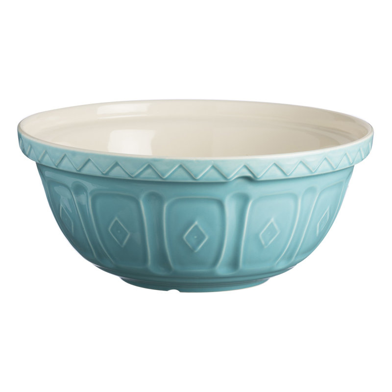 Turquoise Ceramic Mixing Bowl with Patterned Exterior, 14"