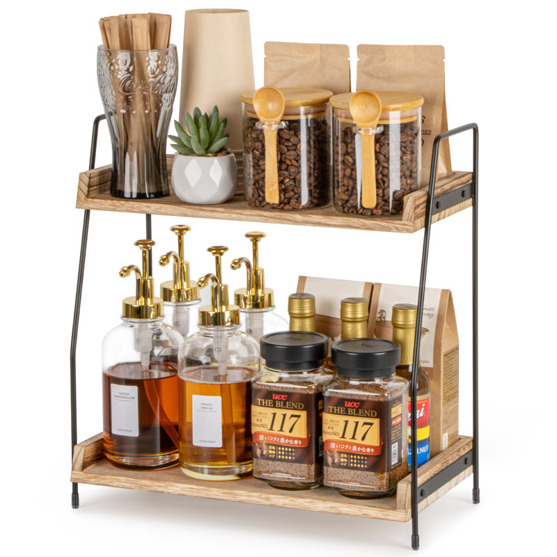 Countertop Coffee Station Organizer, 2 Tier Wooden Shelf, for Coffee Bar Accessories, Condiment Storage Caddy for Kitchen, Home, Office - Brown