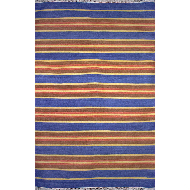 Bleu/brun Tapis décoratif en laine nouée à la main Washington, Rectangle 4 pi x 6 pi