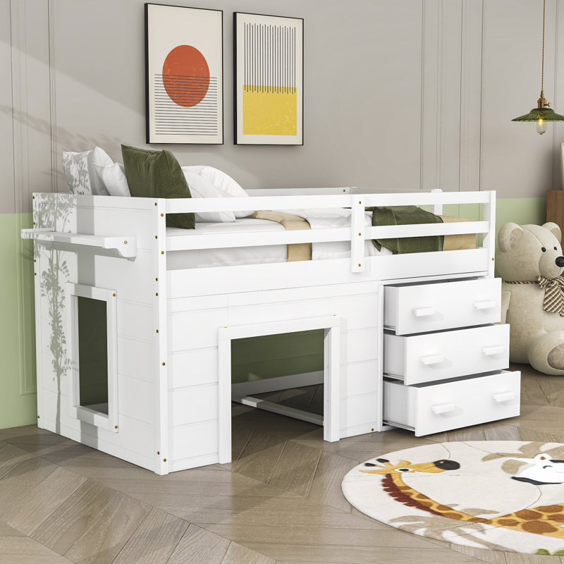 Lit mezzanine simple en bois avec tiroirs, Blanc