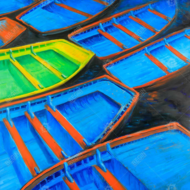 Small canoes - 26"x26" Throw pillow - Poly twill - Print on demand, Blue/Orange/Green