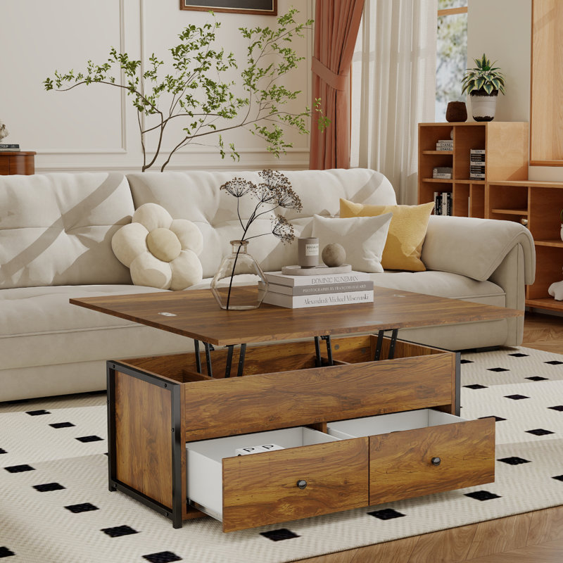 Veromca Lift Top Farmhourse Coffee Table With Hidden Storage And Two Drawers, Brown