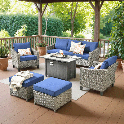 Harbin Wicker Rattan 7 - Person Outdoor Seating Group With Fire Pit Table, Armchairs And Ottomans
