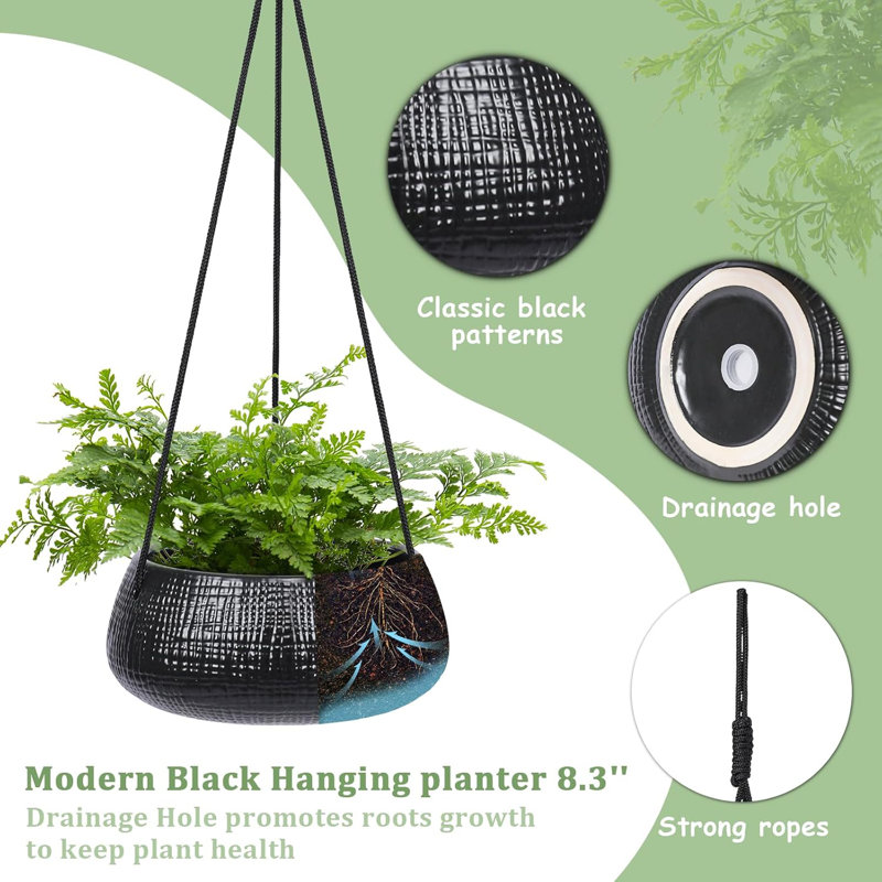 8" Black Geometric Ceramic Hanging Planter