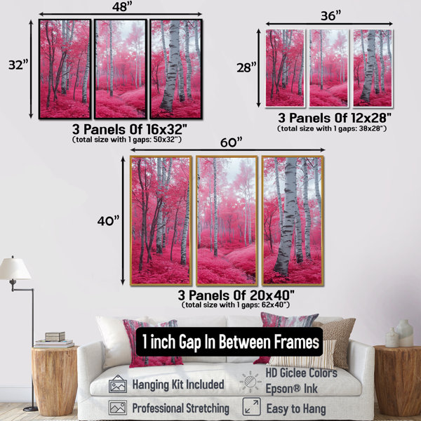 Millwood Pines Pink Birch Trees Forest Path Panorama II - Forest Wall ...
