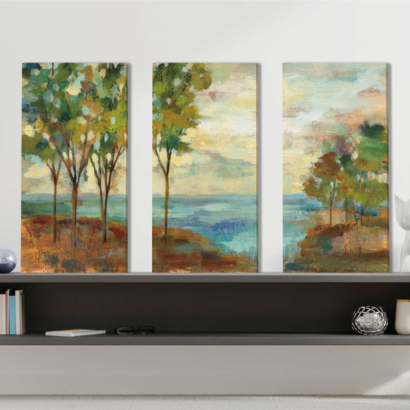 «View of the Lake», ensemble de 3 peintures sur toile tendue, H 32 po x l 48 po x P 0,75 po