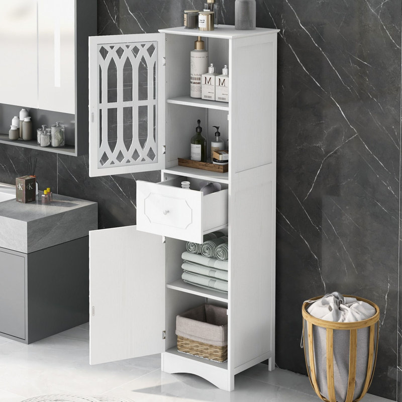 63.8" Freestanding Linen Cabinet With Acrylic Door & Adjustable Shelf & Drawer, Tall Bathroom Cabinet, Wood Storage Cabinet For Living Room Kitchen Office