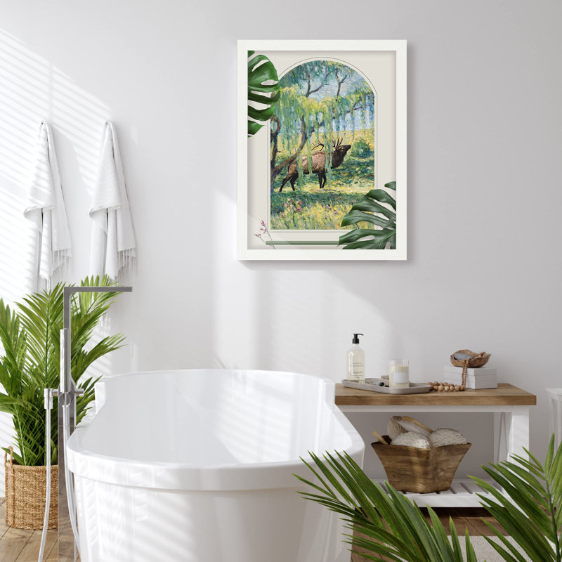 «Hanging Leaf Tree Moose Deer Field» sur papier, Blanc